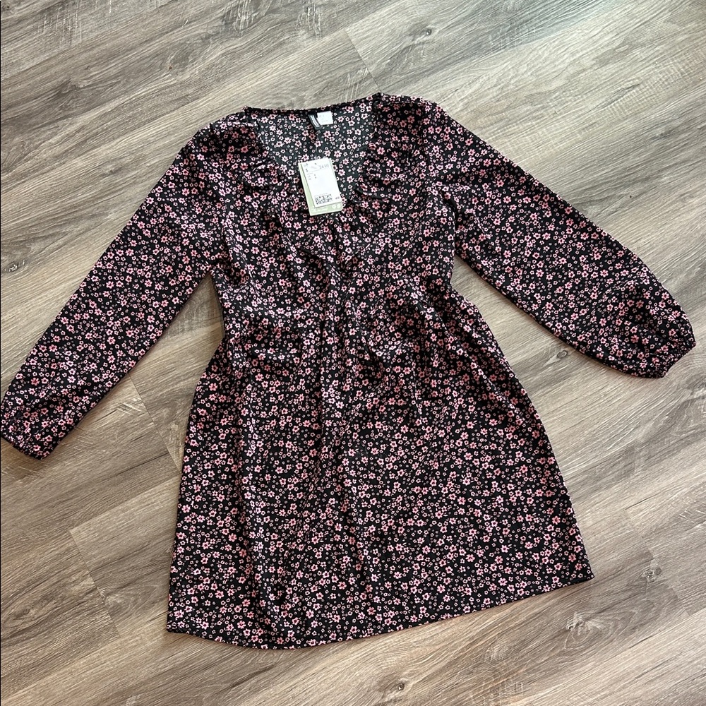 Divided Black and Pink Floral Long Sleeve Dress